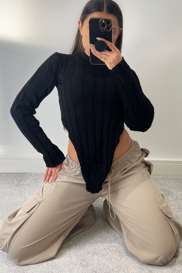 Kaya Black Distressed Hem Knit Long Sleeve Crop Jumper